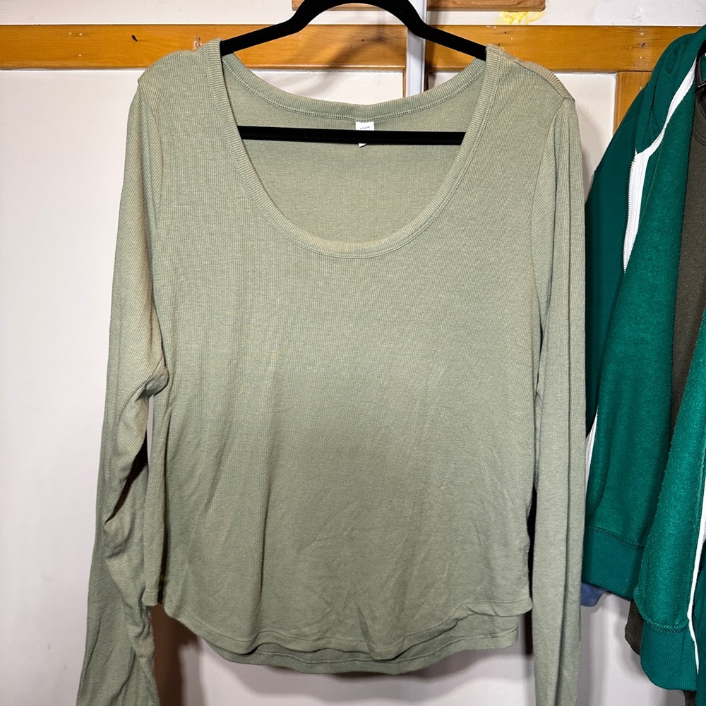 Old Navy UltraLite Rib-Knit Long-Sleeve Scoop-Neck Top in sage green.